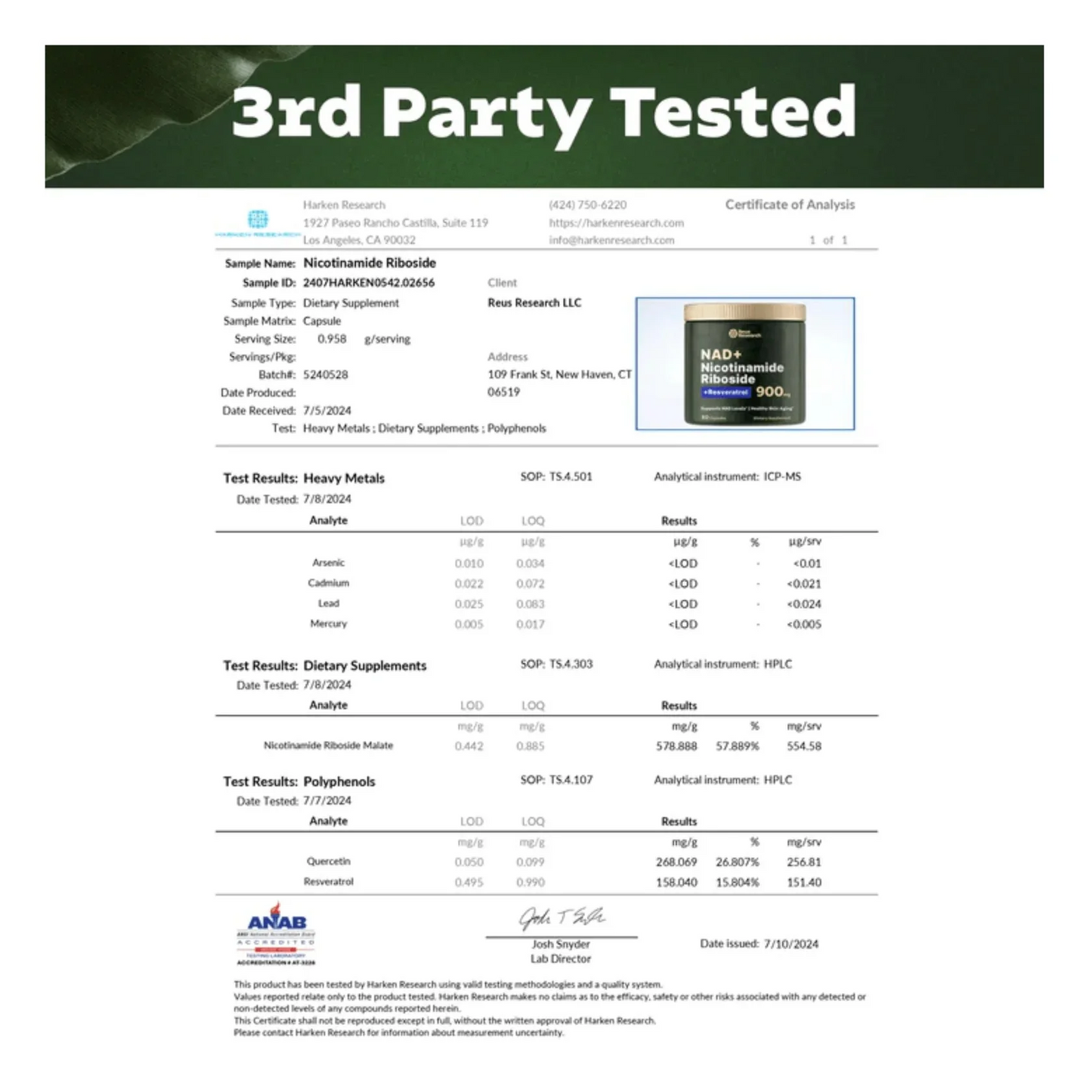 Reus Research NAD+Nicotinamide Riboside 900mg(80 count)